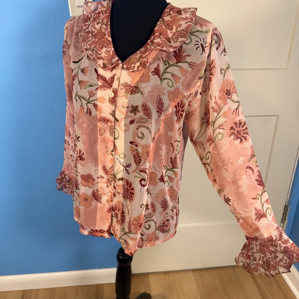 Claudia Richard Pink Paisley Sheer Ruffle Collar Blouse Small Coquette Romantic